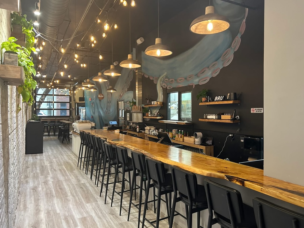 Inside Brü GastroCafe in downtown Asheville: live-edge bar, octopus mural, pendant lights and espresso bar