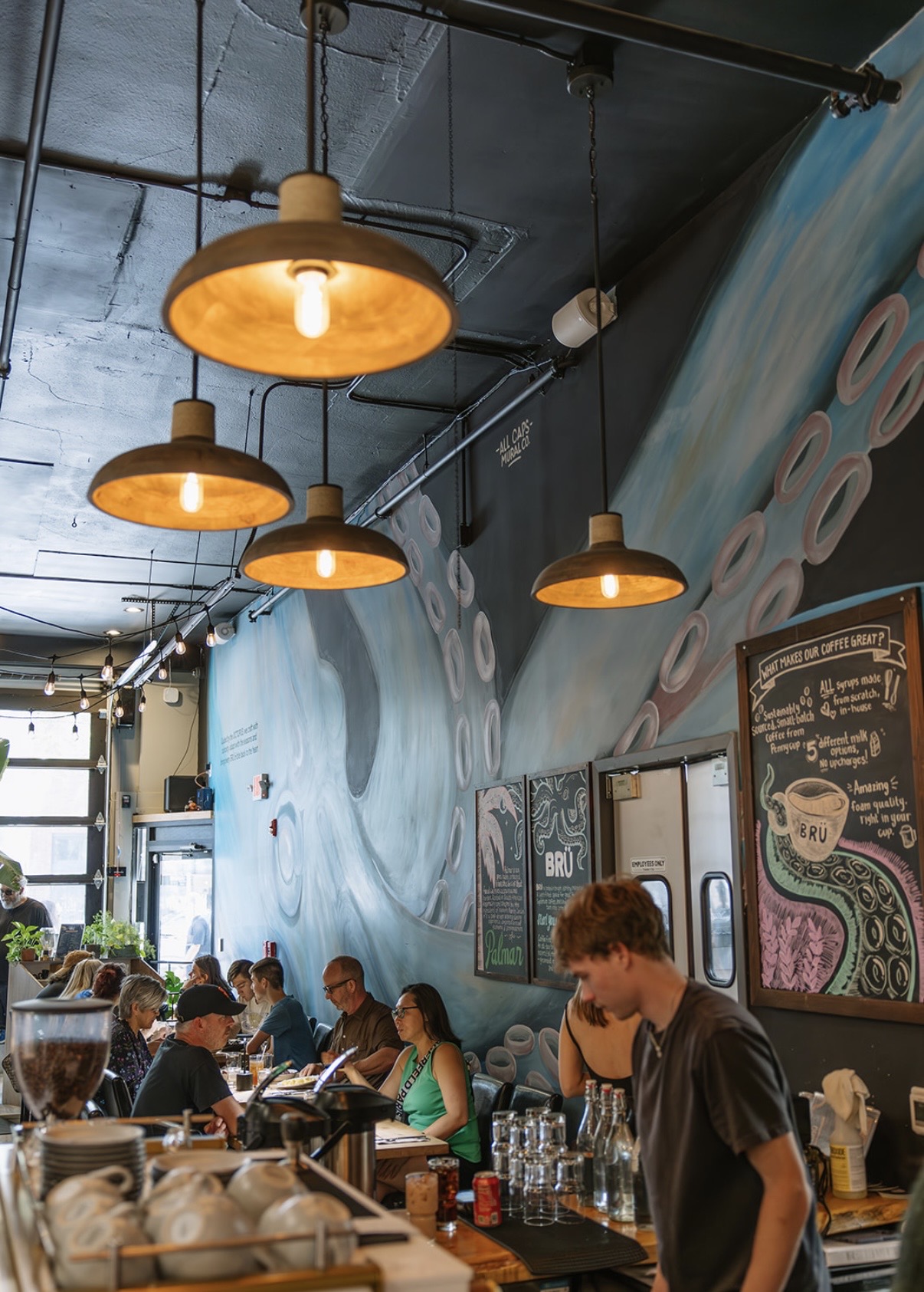 Octopus mural and coffee bar inside Brü GastroCafe in downtown Asheville